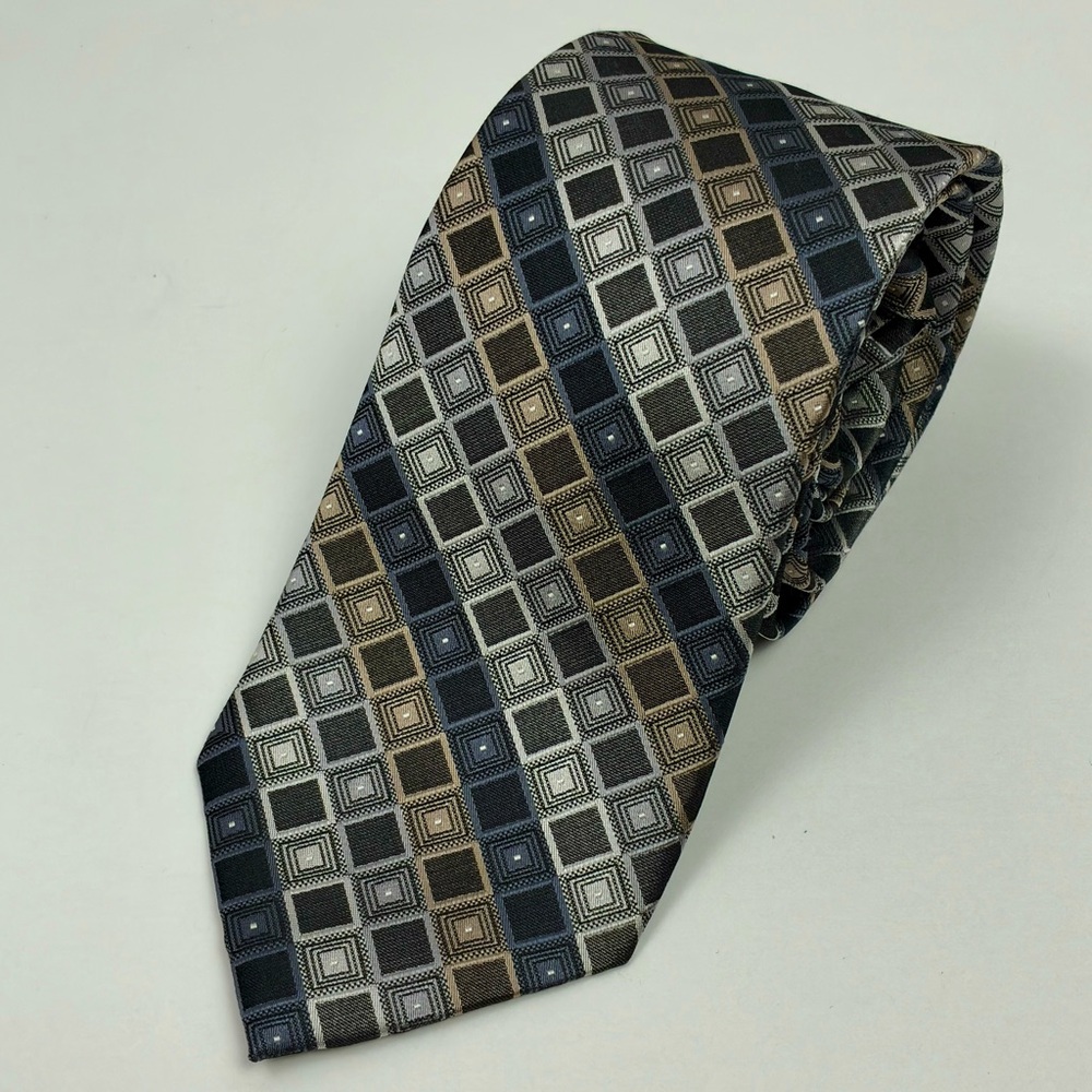 NEW Calvin Klein 100% Silk XLong Tie Blue Gold Black Gray Silver Square Pattern